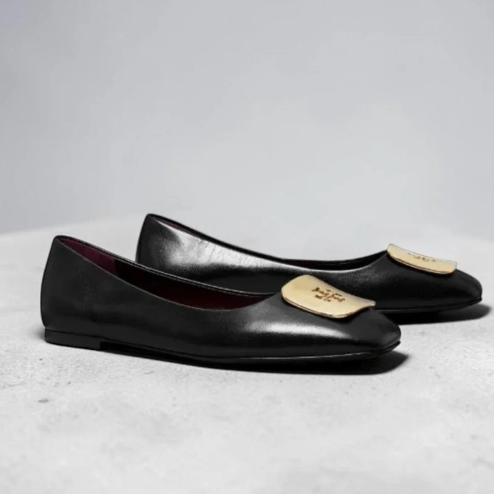 Tory Burch Georgia Ballet Flats Black Leather Gold Logo‎ Square Toe 6.5M